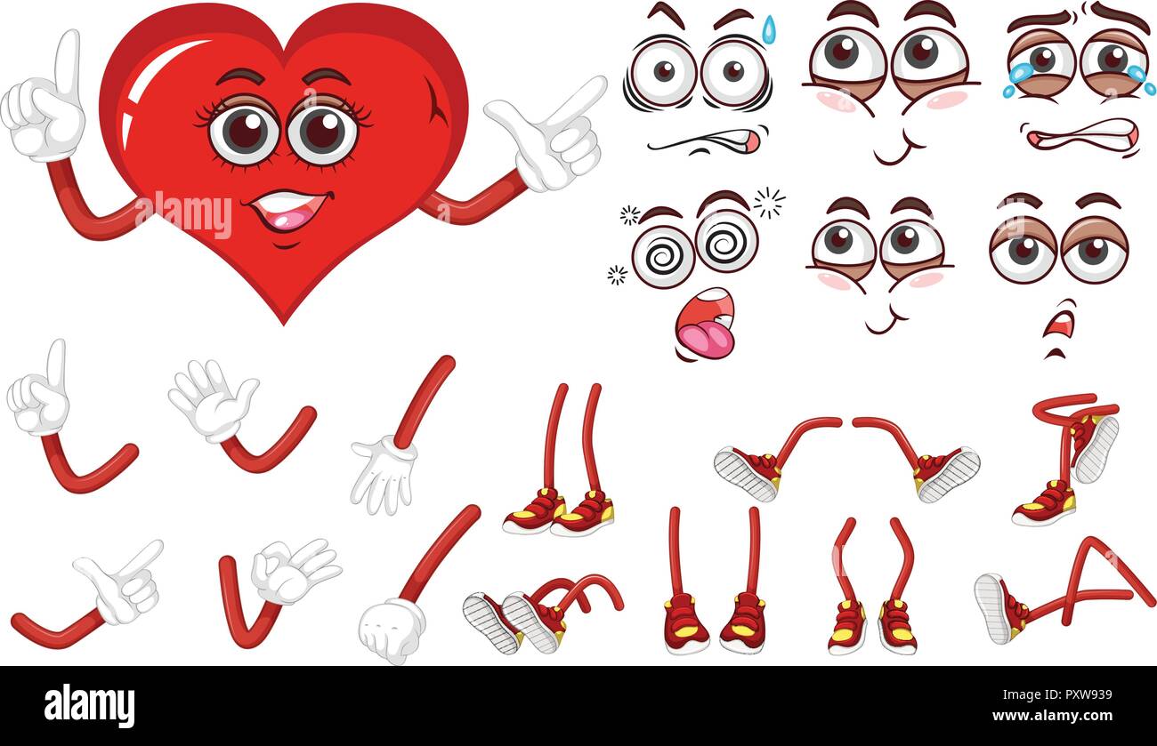 Red heart with different expressions set illustration Stock Vector