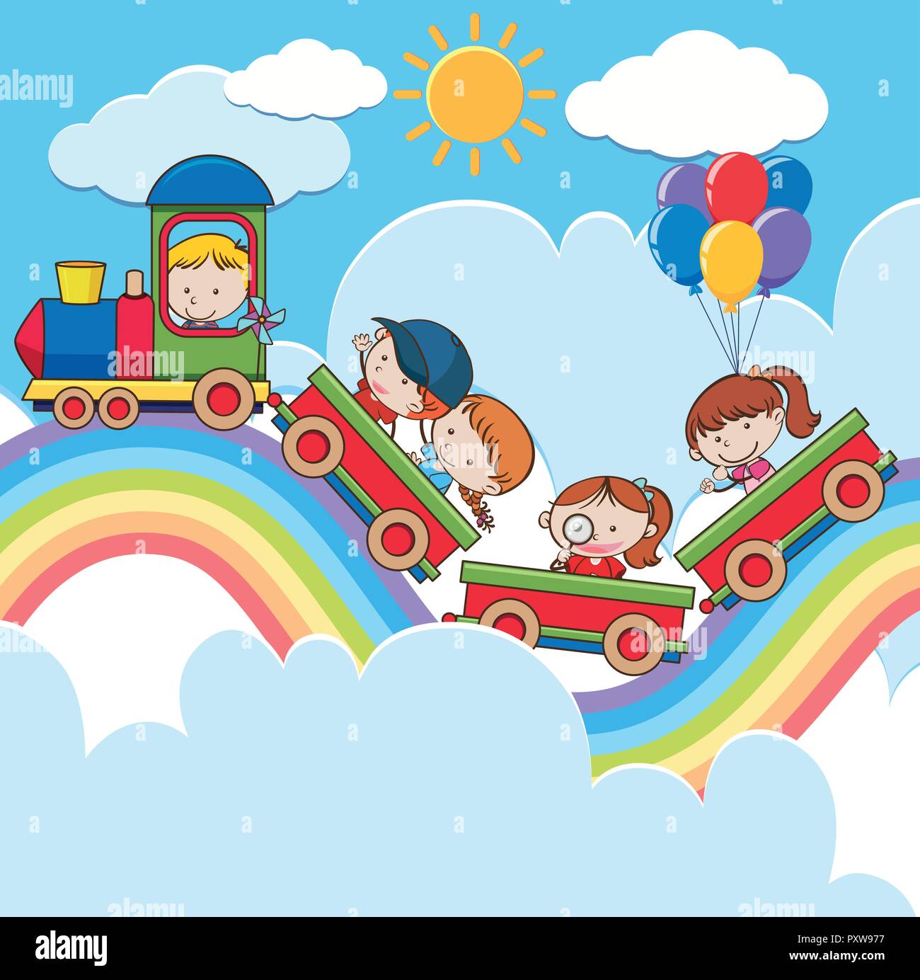 Kids On Train On Rainbow Road Illustration Stock Vector Image Art Alamy
