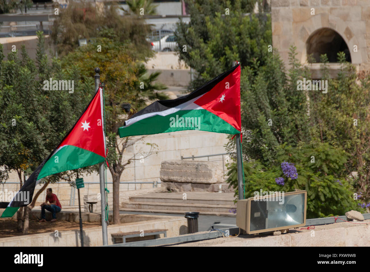 Amman, Jordan October 16, 2018 Two Jordanian flags in the old town