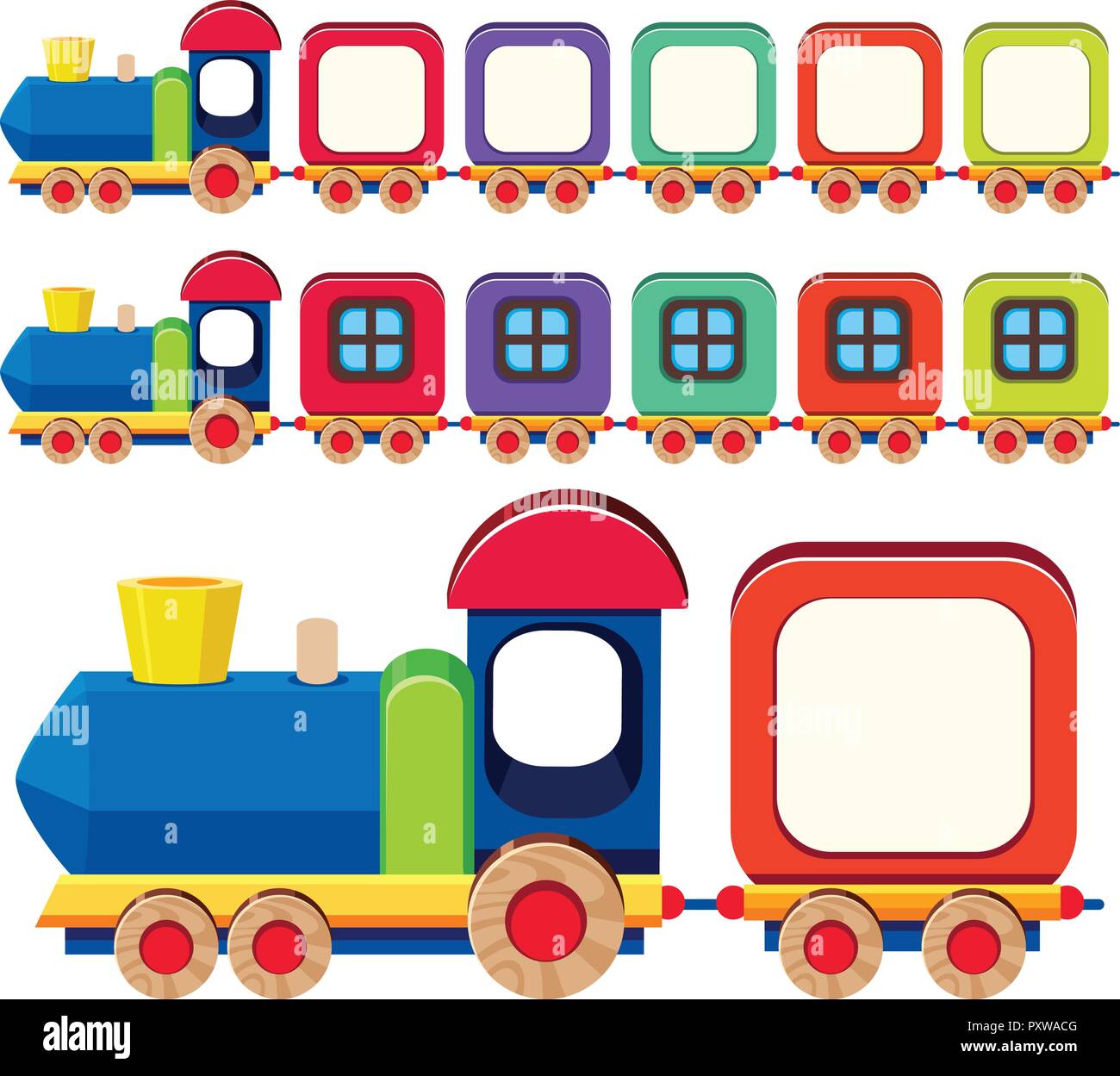 Wooden train in different colors illustration Stock Vector