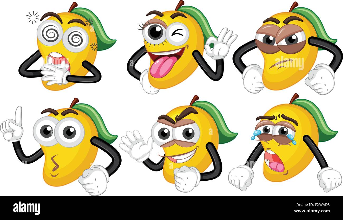 Yellow mangoes with six different faces illustration Stock Vector