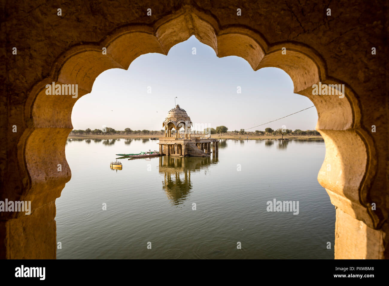 View of Gadisar lake from inside the Chhatri, in the desert town of Jaisalmer in India Stock Photo