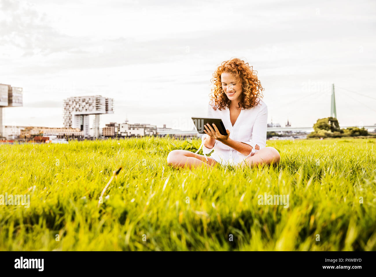 Germany, Cologne, young woman sitting on meadow looking at tablet Stock Photo