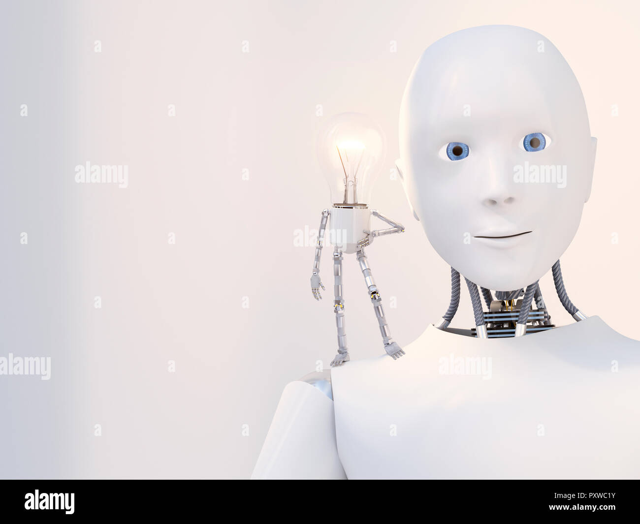 3D rendering, Little bulb manikin standing on shoulder of a robot Stock Photo