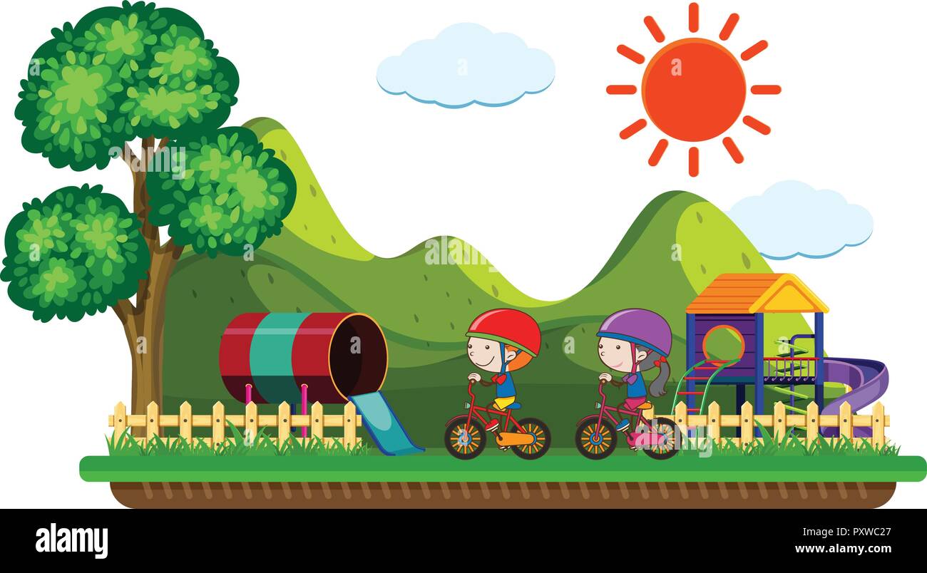 Two kids riding bike in the park illustration Stock Vector Image & Art ...