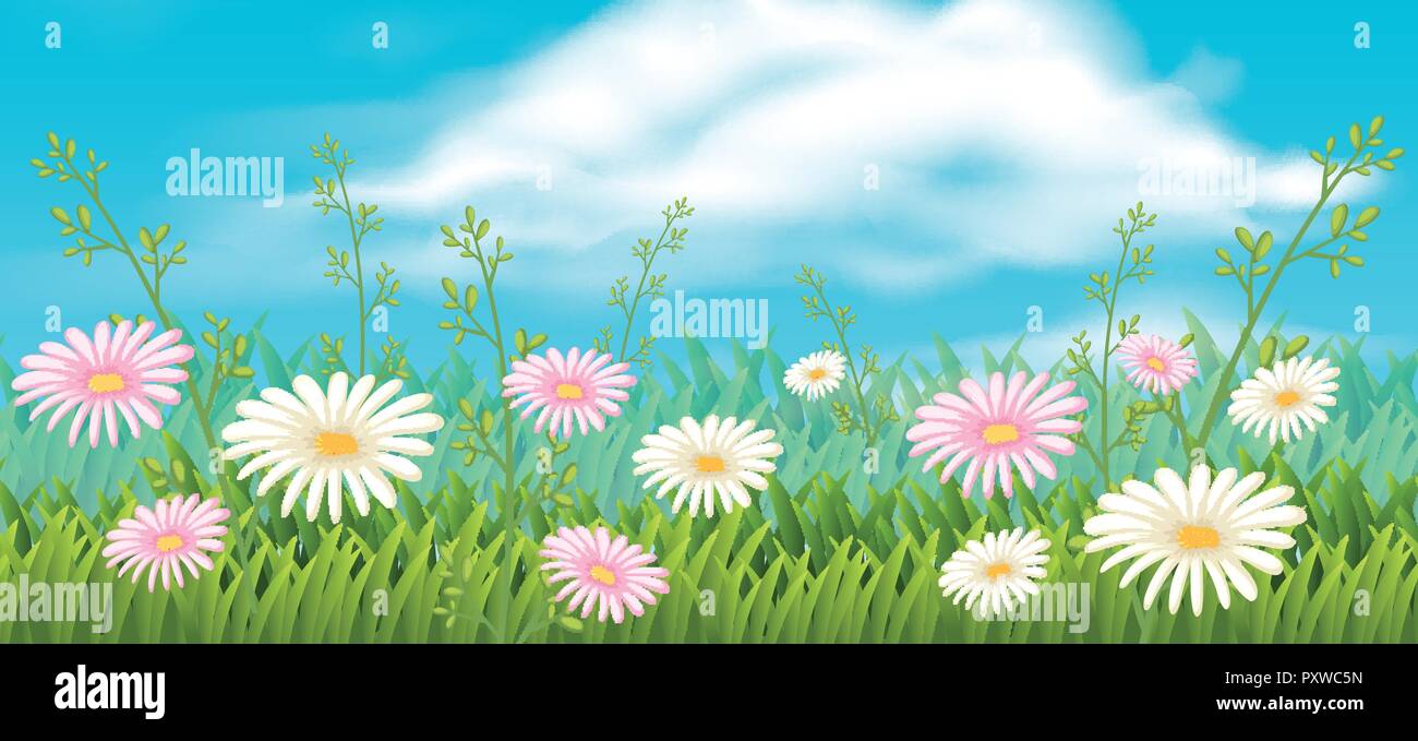 Background scene with pink and white flowers illustration Stock Vector ...