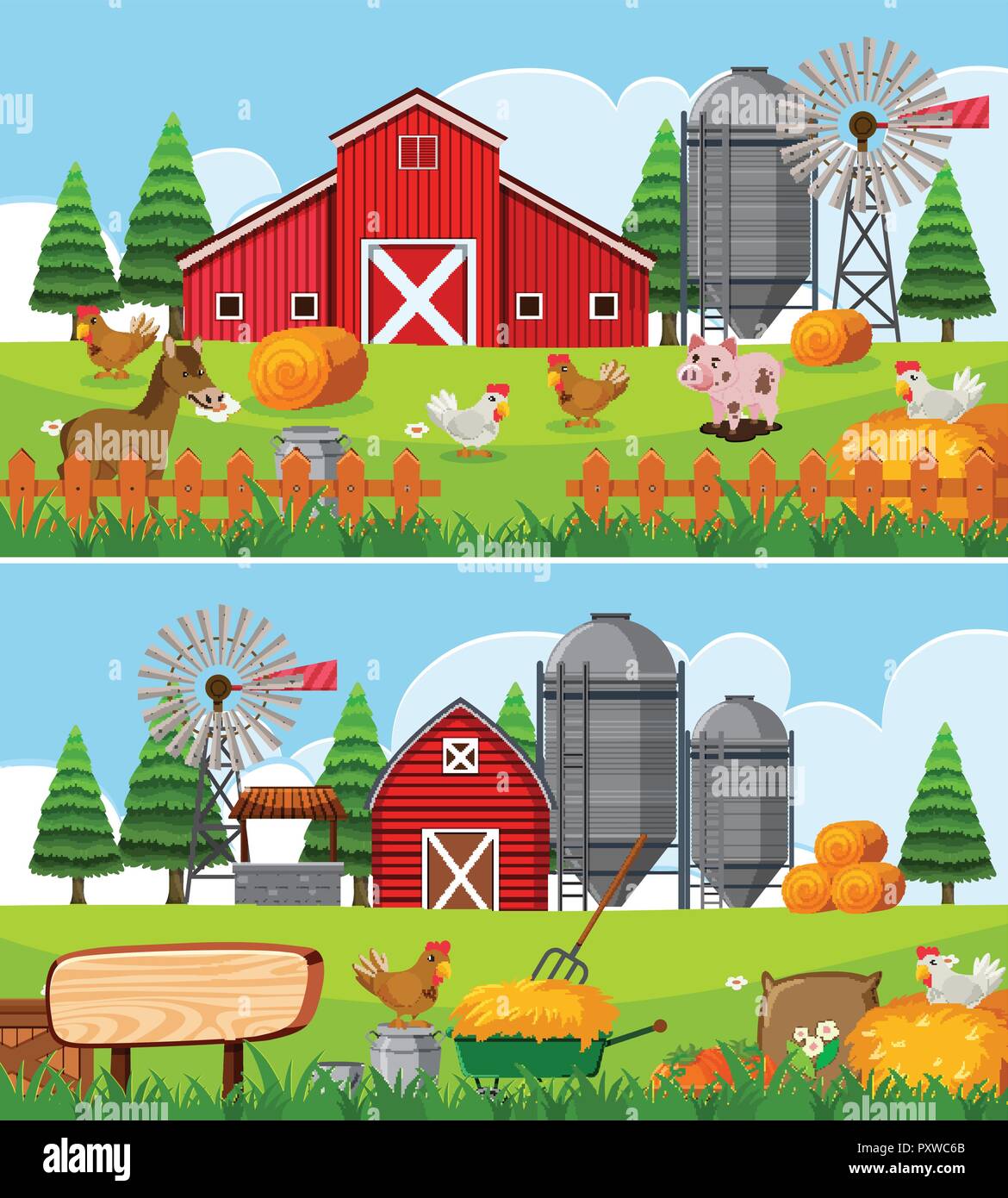 Two scenes of farm with many animals illustration Stock Vector Image