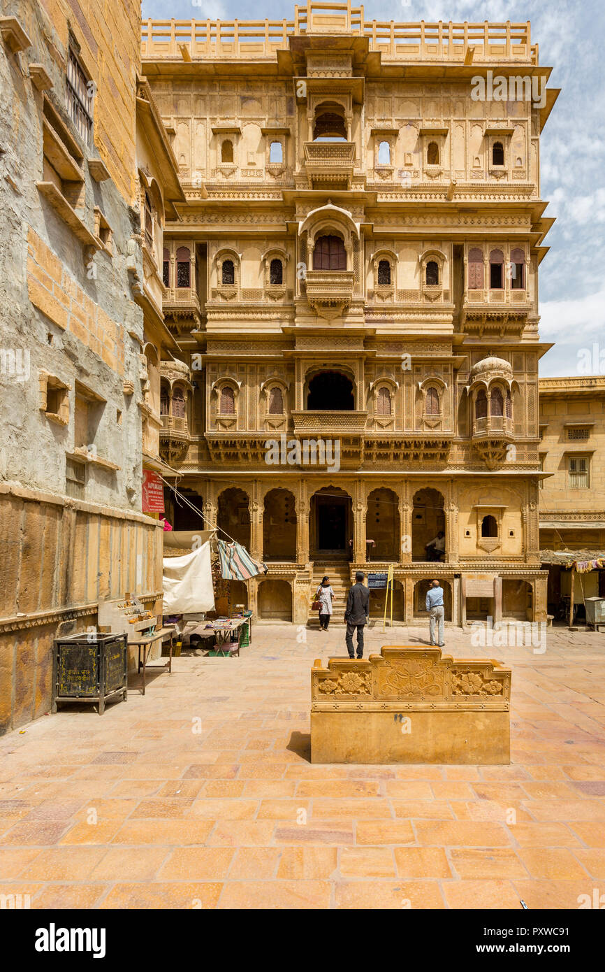 View of the facade of Patwon-ki-haweli from the courtyard, in the desert city of Jaisalmer in India Stock Photo