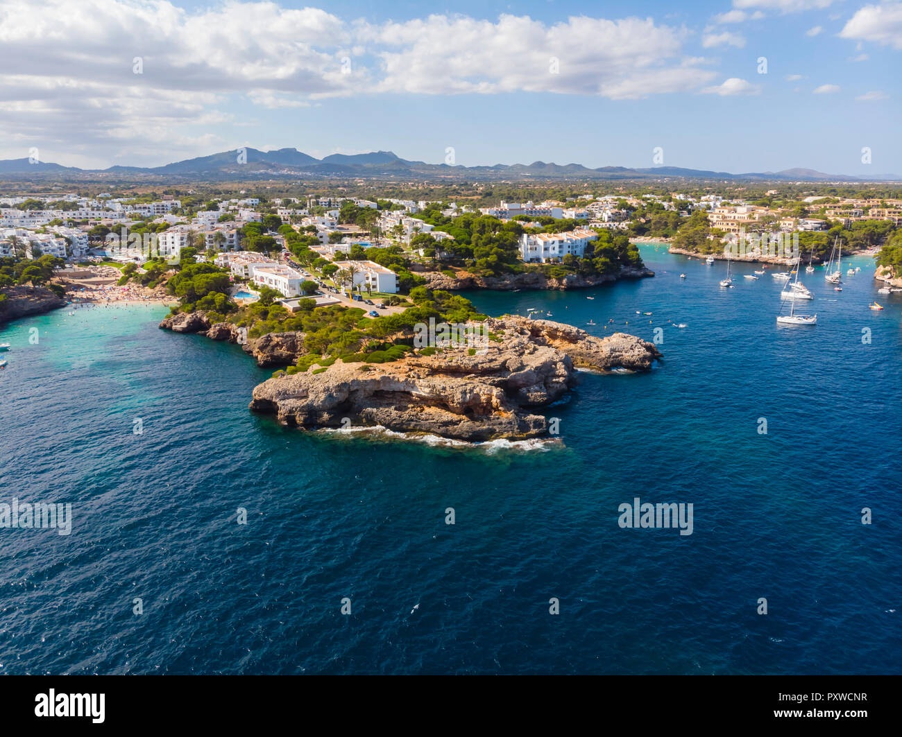 Spain, Mallorca, Portocolom, Aerial view of Cala d'Or and bay Cala Ferrera Stock Photo