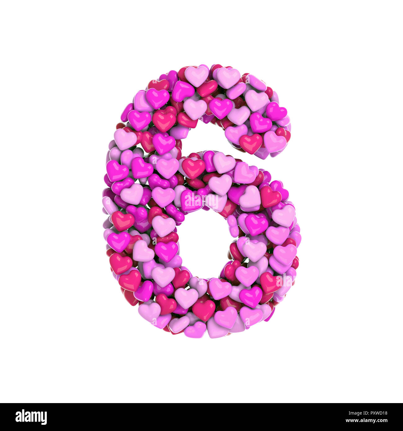 Valentine number 6 - 3d pink hearts digit isolated on white