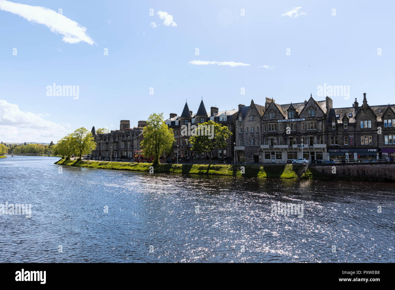 UK, Scotland, Inverness, houses at River Ness Stock Photo