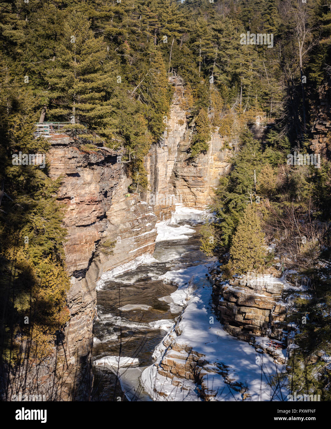 Ausable Chasm is a sandstone gorge and tourist attraction located near the hamlet of Keeseville, New York, United States. Stock Photo