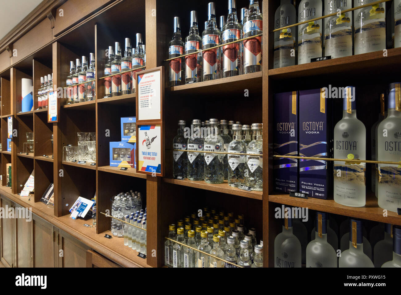 Warsaw, Poland Oct 20, 2018 Different types of Vodkas for sale in