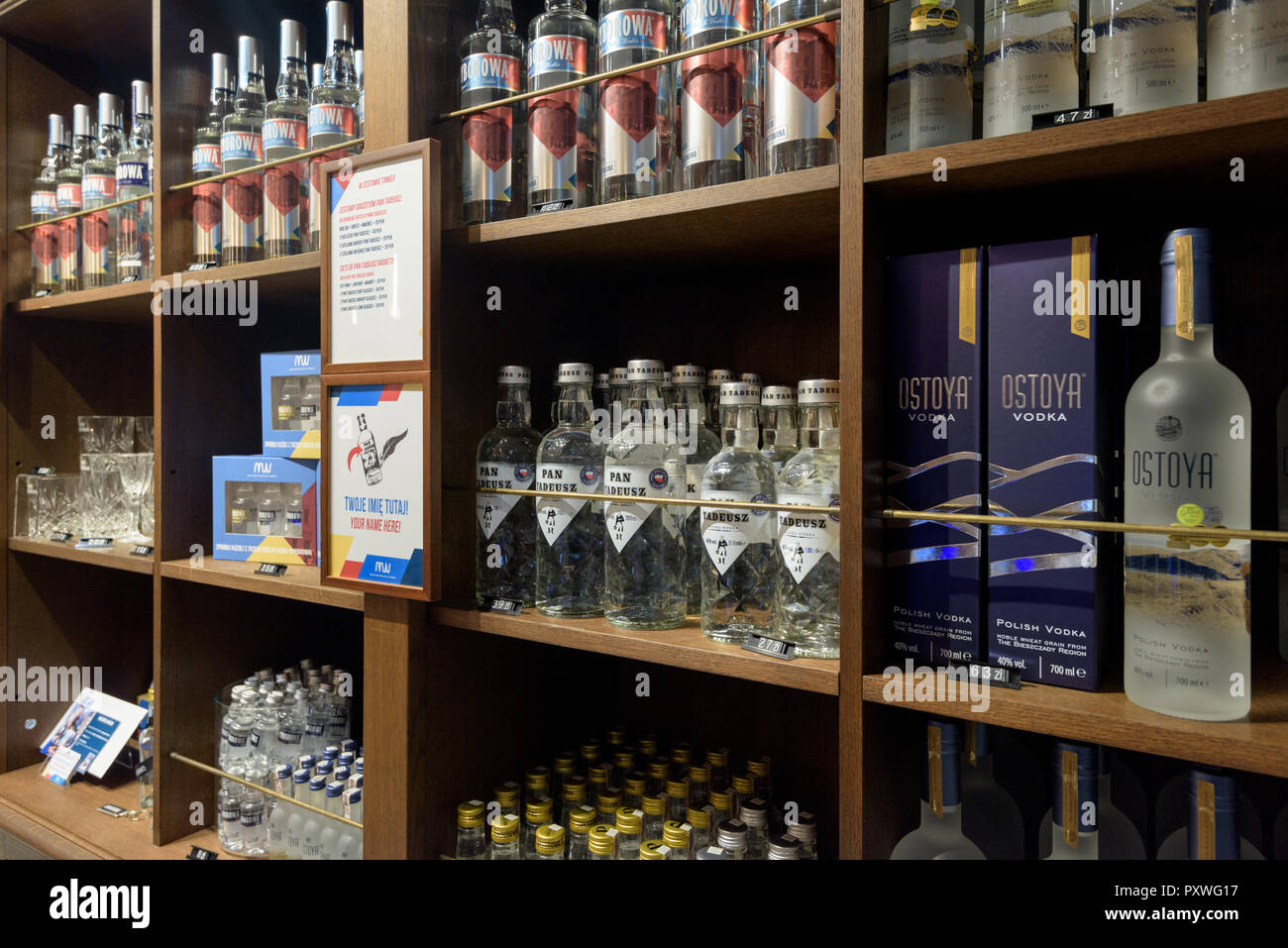 Warsaw, Poland Oct 20, 2018 Different types of Vodkas for sale in