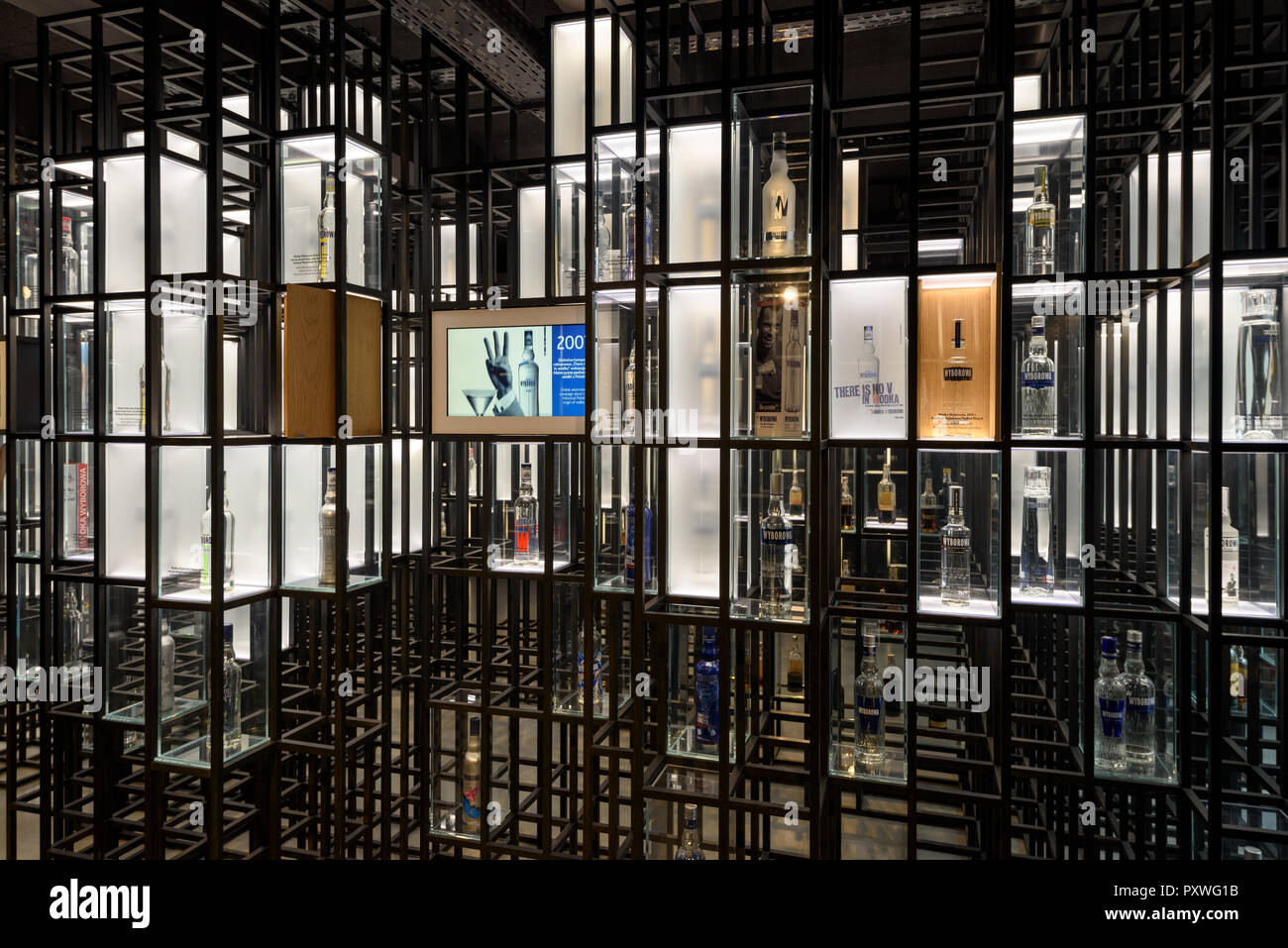 Warsaw, Poland Oct 20, 2018 Vodka bottles form the past displayed in