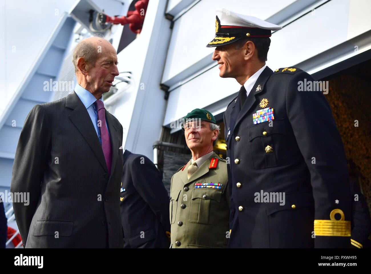 The Duke of Kent (left) during a visit by King Willem-Alexander and Queen Maxima of the Netherlands to HMS Belfast for an on-the-water capability demonstration between the Royal Netherlands Marine Corps and the Royal Marines. Stock Photo