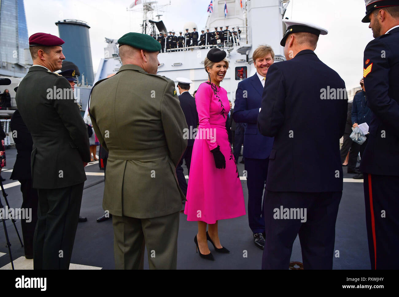 King Willem-Alexander and Queen Maxima of the Netherlands on HMS Belfast in London during an on-the-water capability demonstration between the Royal Netherlands Marine Corps and the Royal Marines. Stock Photo