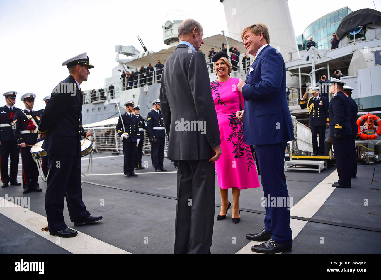 The Duke of Kent (centre) meets King Willem-Alexander and Queen Maxima of the Netherlands on HMS Belfast in London during an on-the-water capability demonstration between the Royal Netherlands Marine Corps and the Royal Marines. Stock Photo