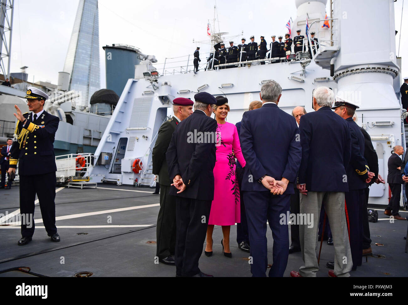 Queen Maxima of the Netherlands (centre) on HMS Belfast in London during an on-the-water capability demonstration between the Royal Netherlands Marine Corps and the Royal Marines. Stock Photo