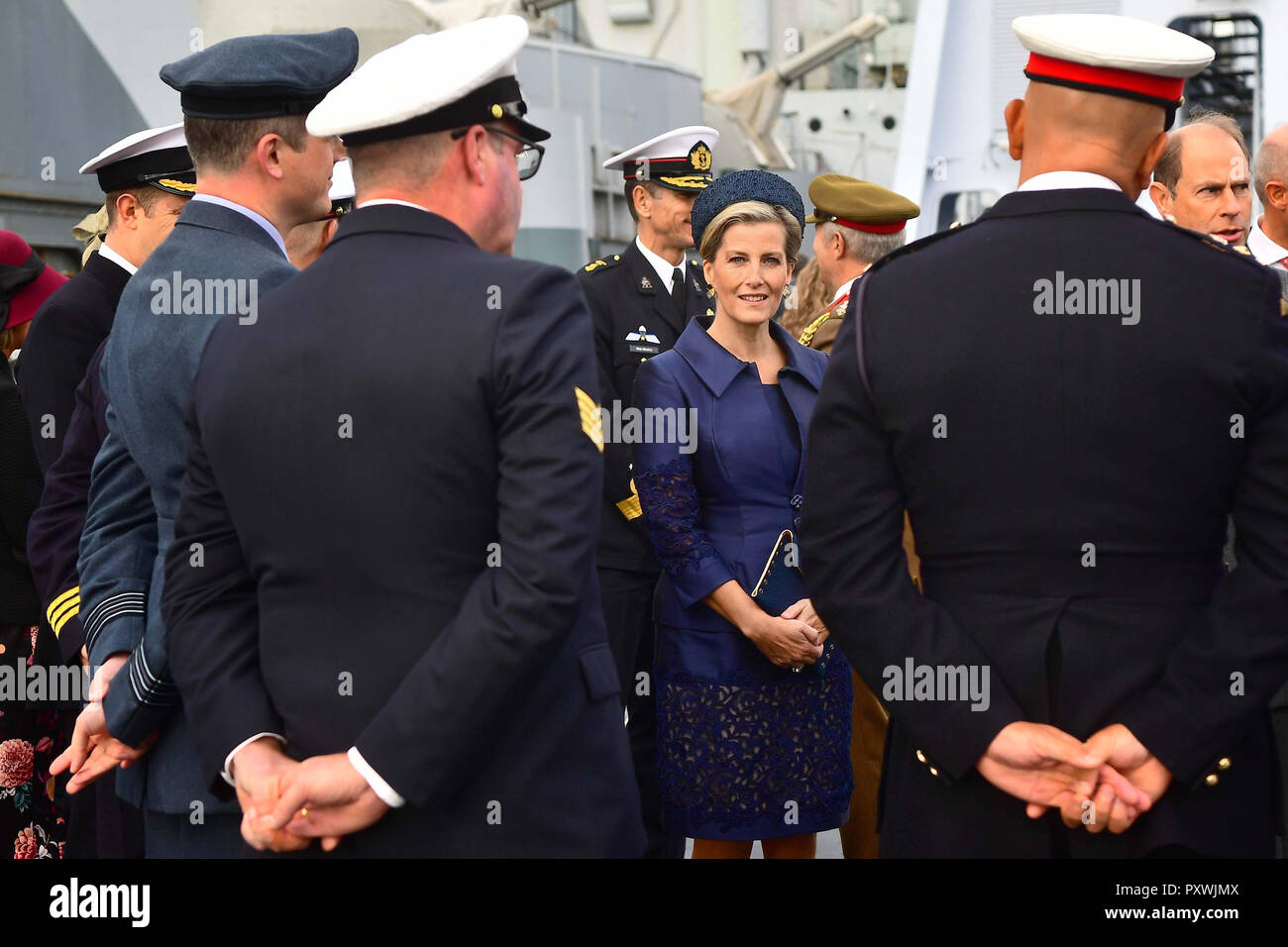 The Countess of Wessex (centre) during a visit by King Willem-Alexander and Queen Maxima of the Netherlands to HMS Belfast for an on-the-water capability demonstration between the Royal Netherlands Marine Corps and the Royal Marines. Stock Photo