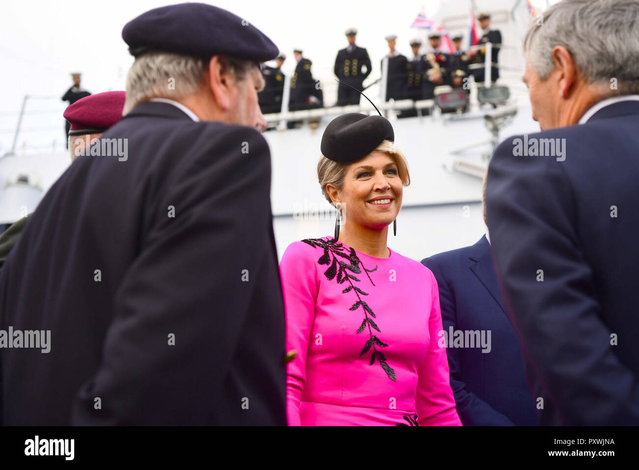 Queen Maxima of the Netherlands on HMS Belfast in London during an on-the-water capability demonstration between the Royal Netherlands Marine Corps and the Royal Marines. Stock Photo