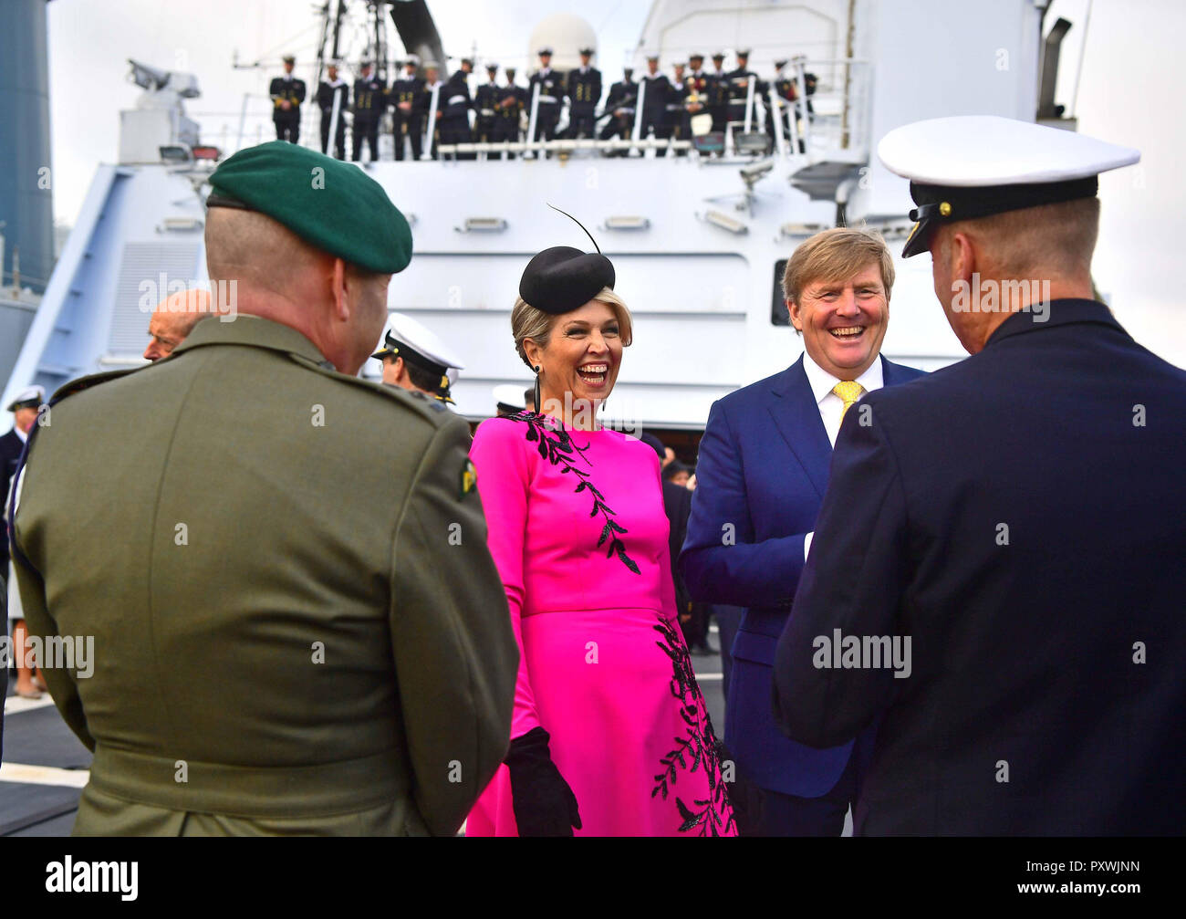 King Willem-Alexander and Queen Maxima of the Netherlands on HMS Belfast in London during an on-the-water capability demonstration between the Royal Netherlands Marine Corps and the Royal Marines. Stock Photo