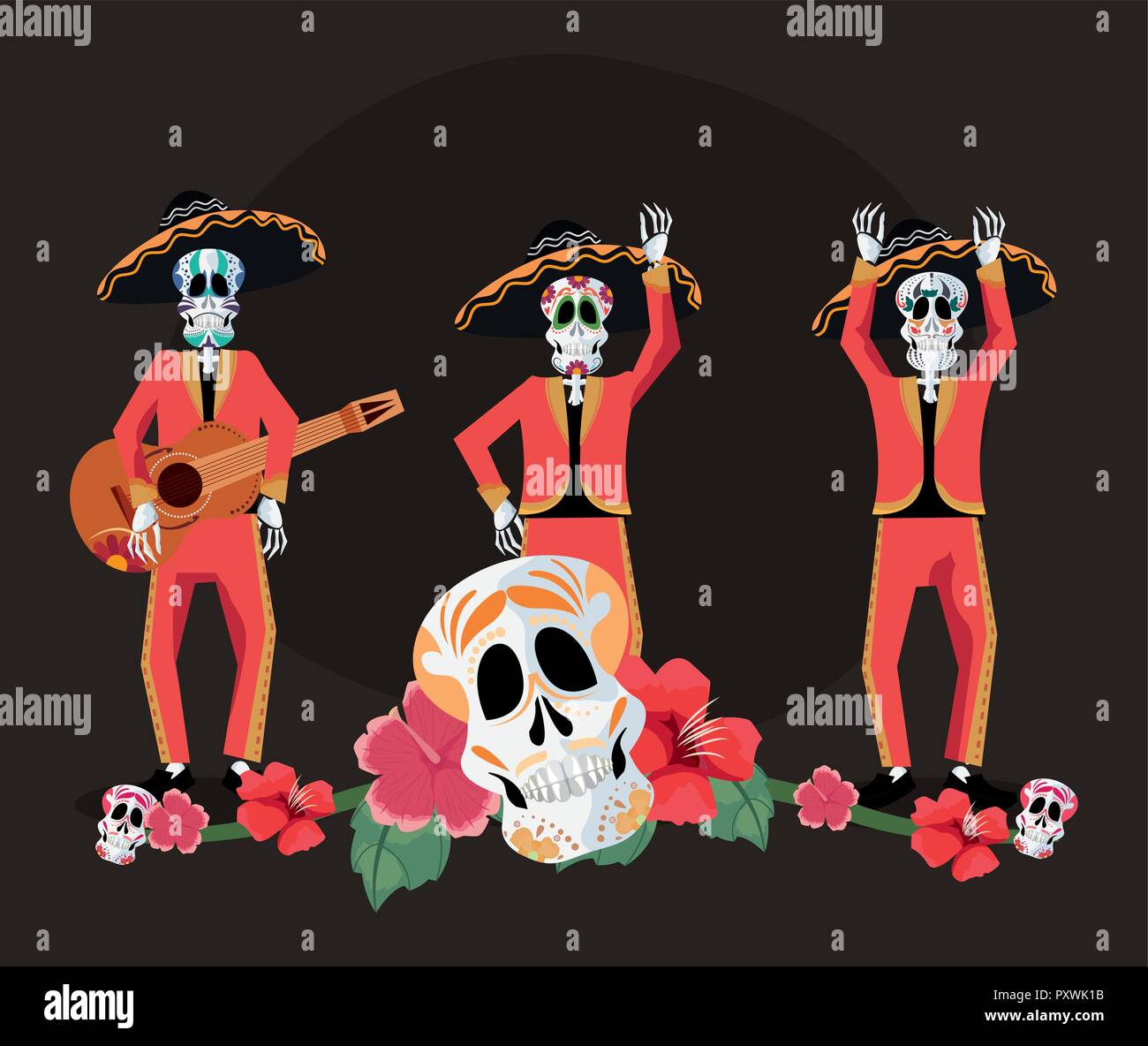 day of the dead skeletons hands up play guitar flowers skull vector