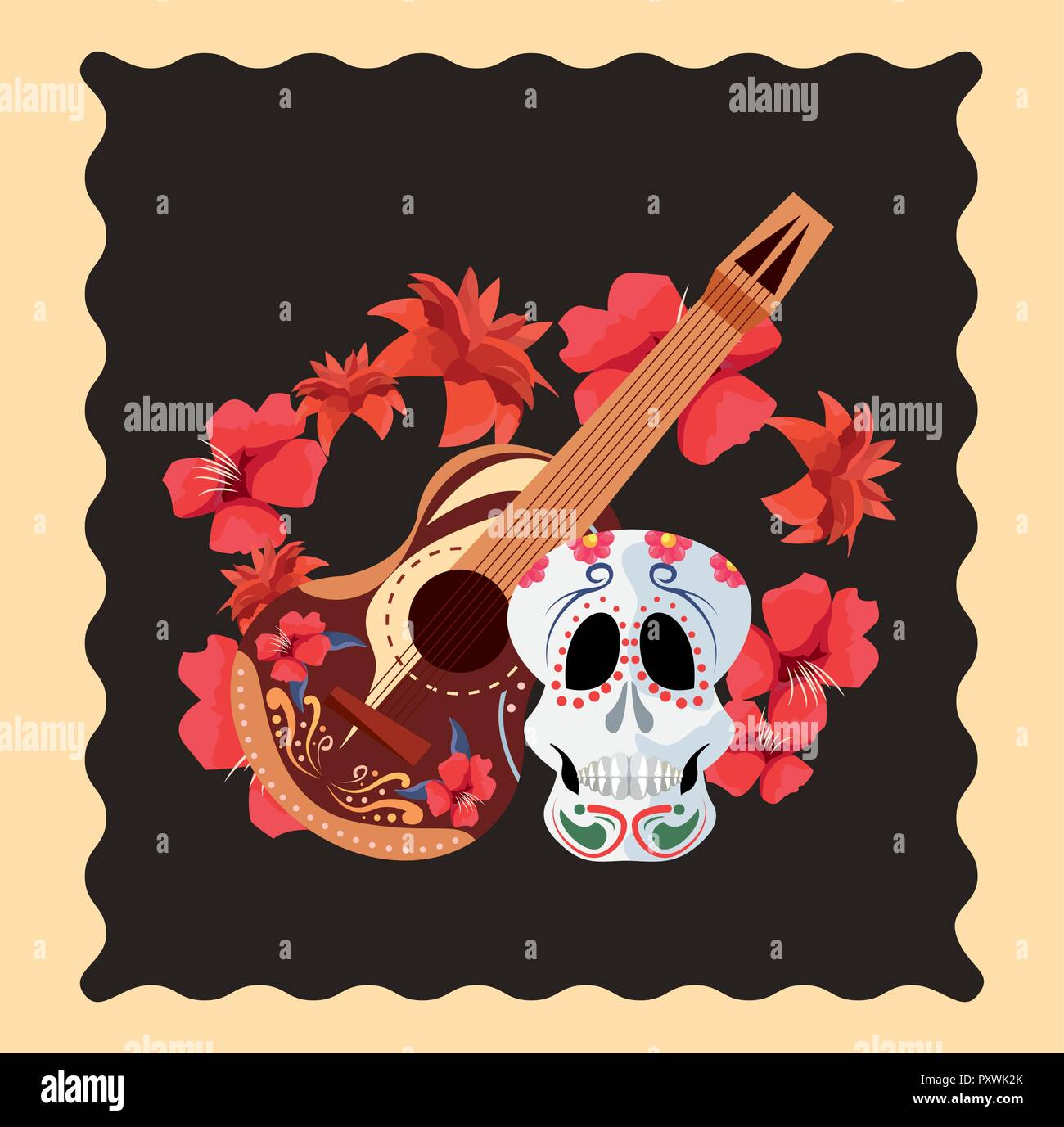 day of the dead music guitar skull flowers frame vector illustration