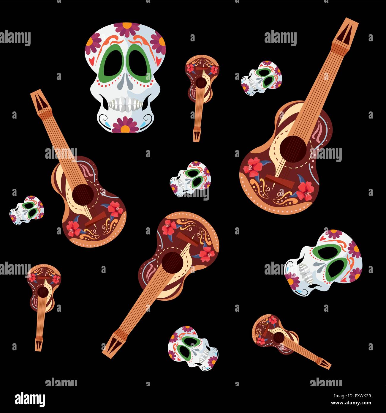 day of the dead skulls colors guitars background vector illustration