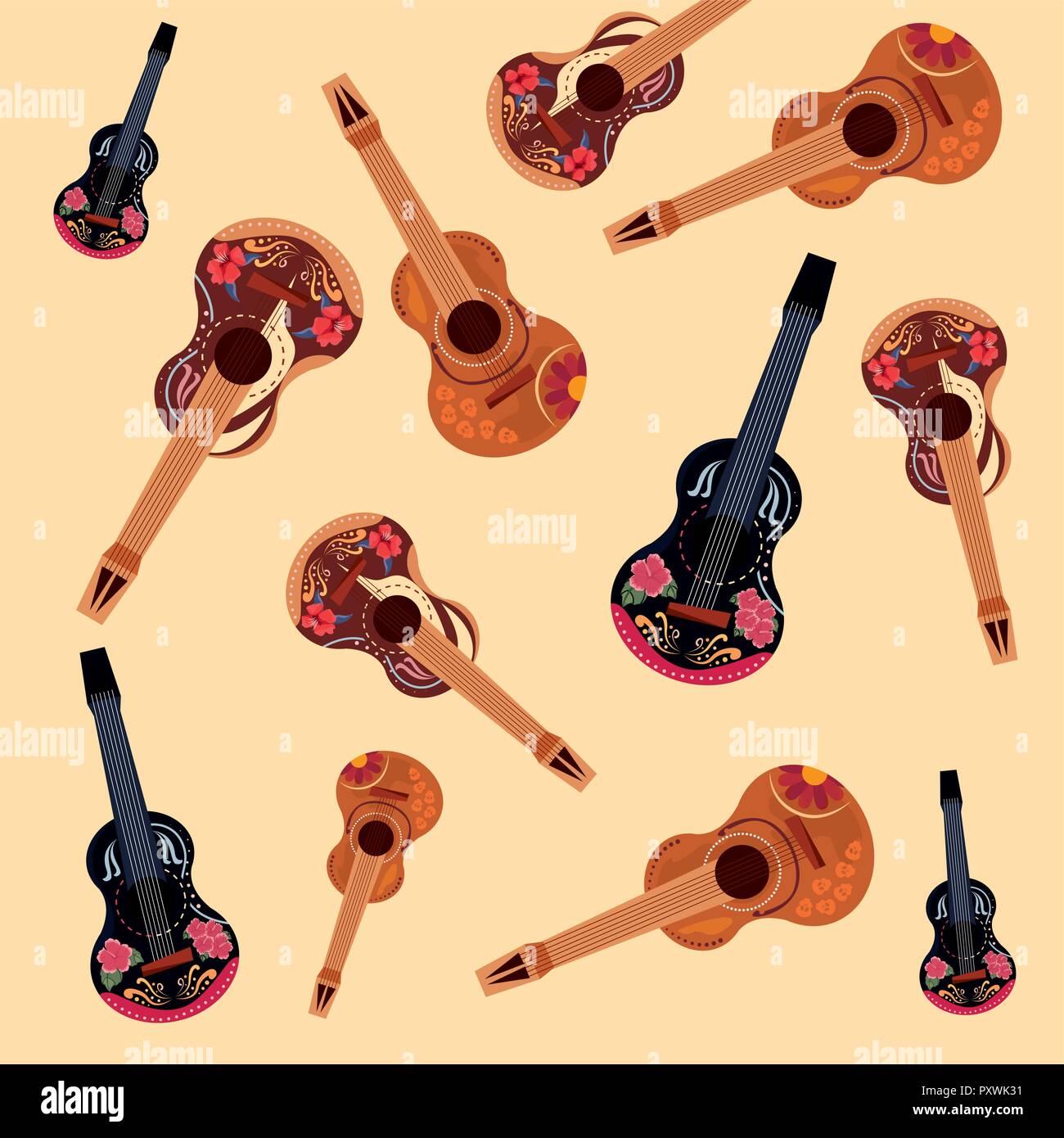 day of the dead colors guitars music background vector illustration