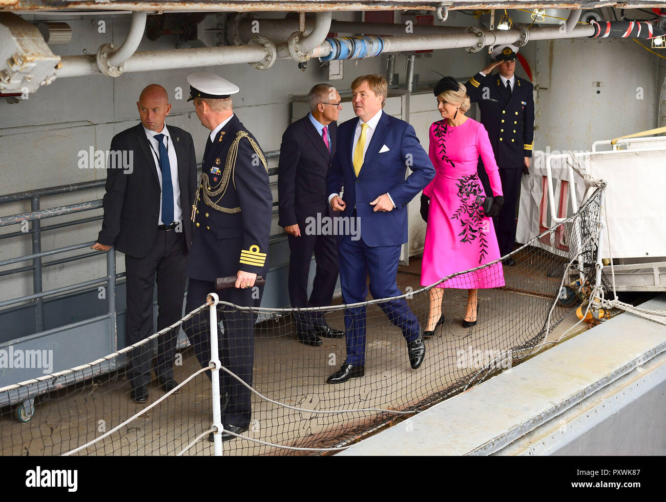 King Willem-Alexander and Queen Maxima of the Netherlands on HMS Belfast in London to watch an on-the-water capability demonstration between the Royal Netherlands Marine Corps and the Royal Marines. Stock Photo