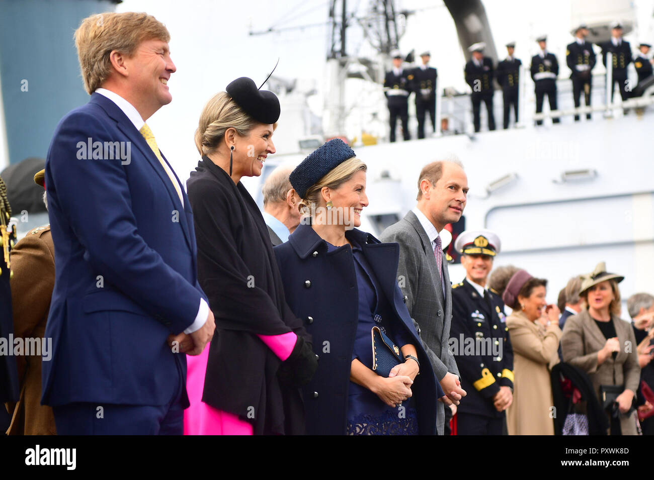 (left to right) King Willem-Alexander and Queen Maxima of the Netherlands with the Countess and Earl of Wessex on HMS Belfast in London watch an on-the-water capability demonstration between the Royal Netherlands Marine Corps and the Royal Marines. Stock Photo