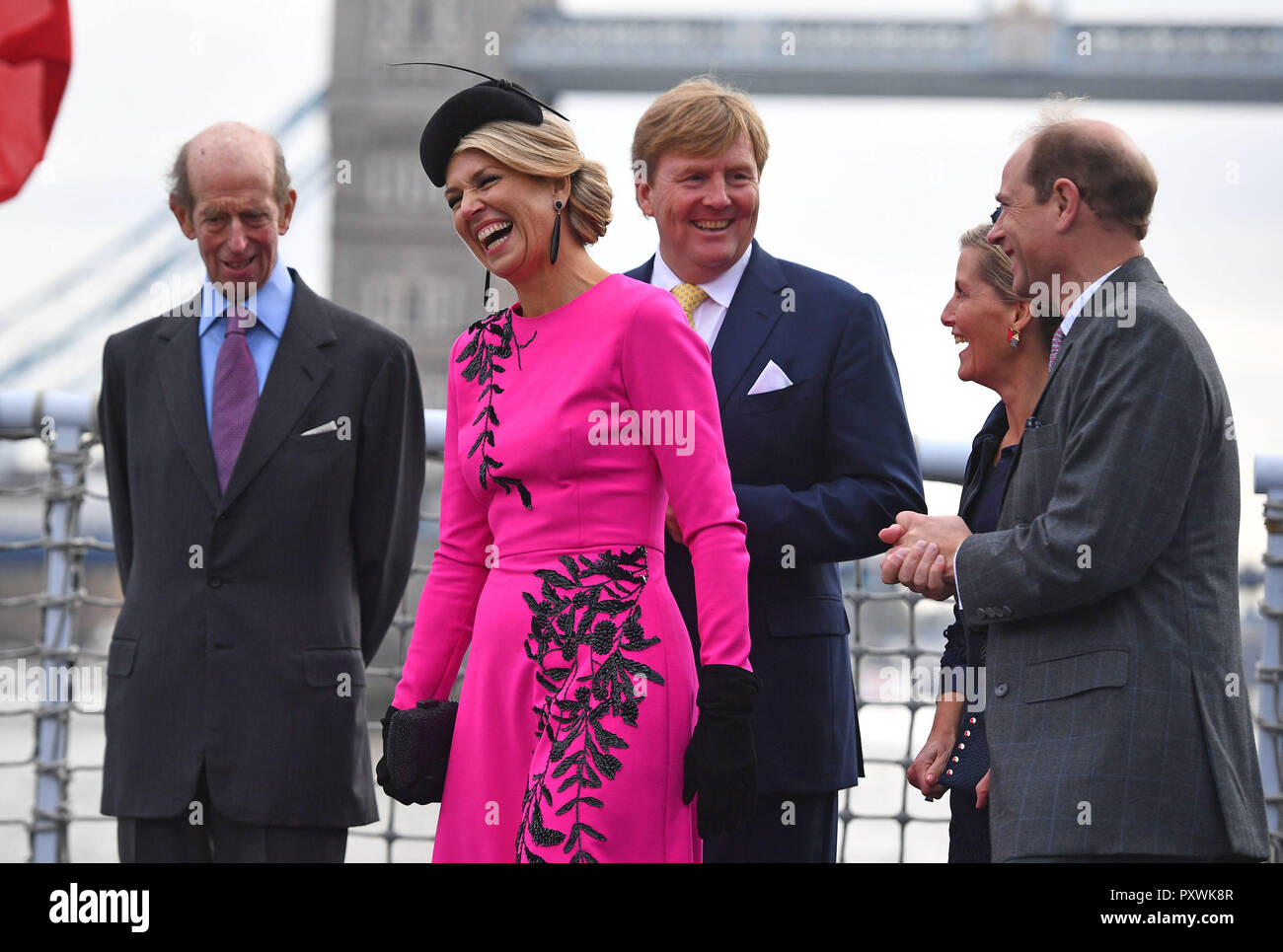 (Left to right) The Duke of Kent, Queen Maxima and King Willem-Alexander of the Netherlands with the Countess and Earl of Wessex on HMS Belfast in London to watch an on-the-water capability demonstration between the Royal Netherlands Marine Corps and the Royal Marines. Stock Photo
