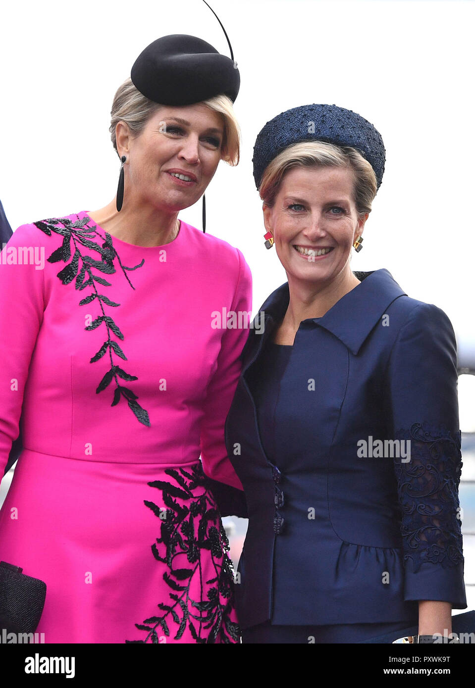 Queen Maxima of the Netherlands (left) with the Countess of Wessex on HMS Belfast in London to watch an on-the-water capability demonstration between the Royal Netherlands Marine Corps and the Royal Marines. Stock Photo