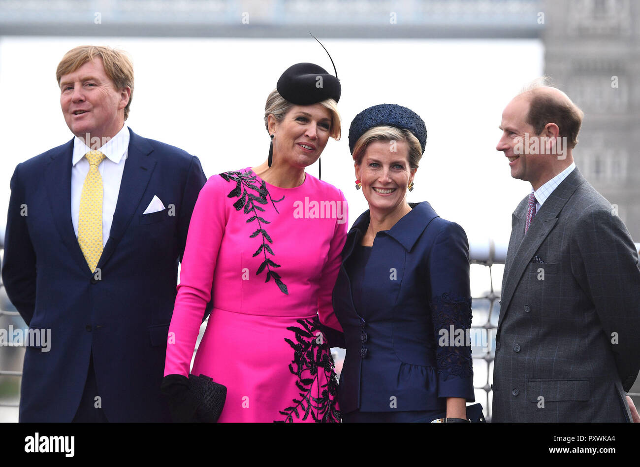 (Left to right) King Willem-Alexander and Queen Maxima of the Netherlands with the Countess and Earl of Wessex on HMS Belfast in London to watch an on-the-water capability demonstration between the Royal Netherlands Marine Corps and the Royal Marines. Stock Photo