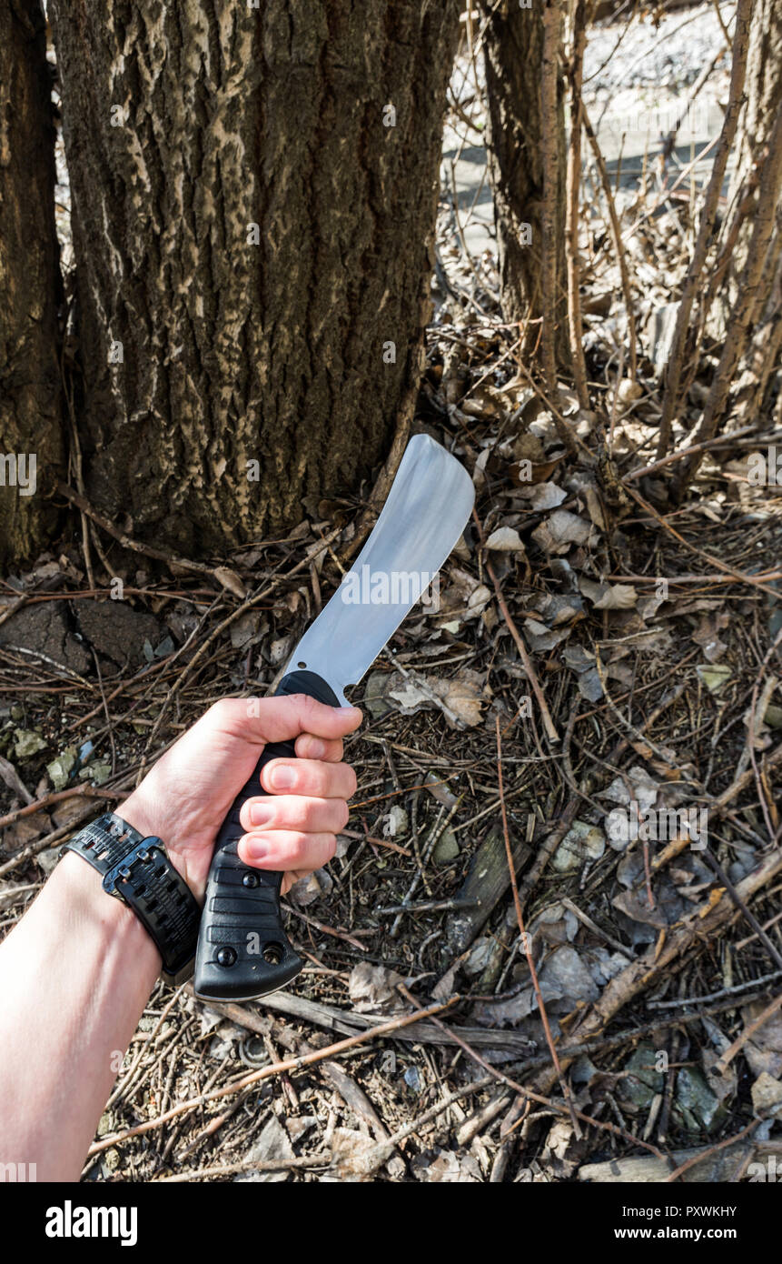 The machete knife in his hand. The man is holding a knife. Tree and foliage  Stock Photo - Alamy