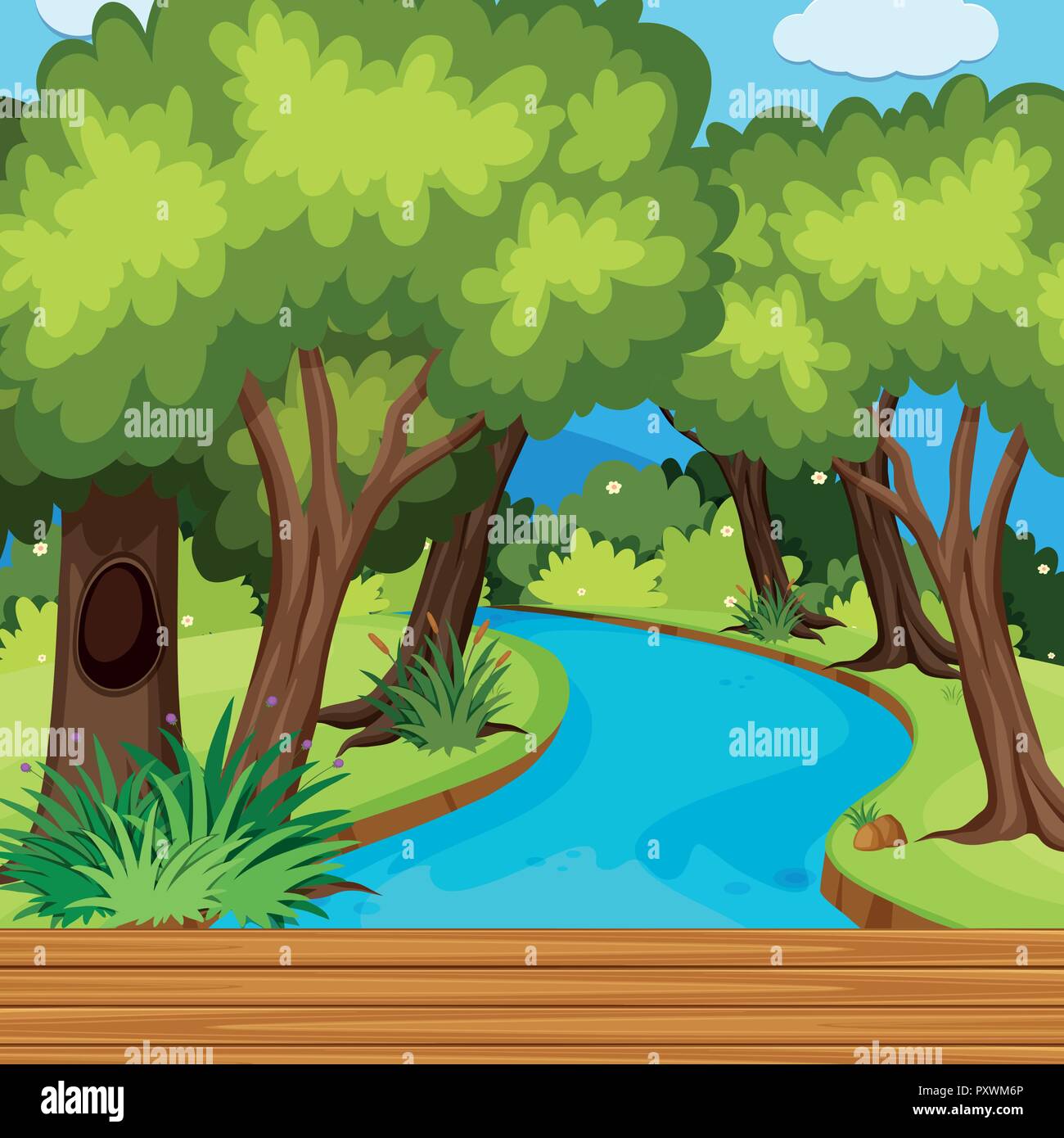 Forest scene with many trees and river illustration Stock Vector Image ...