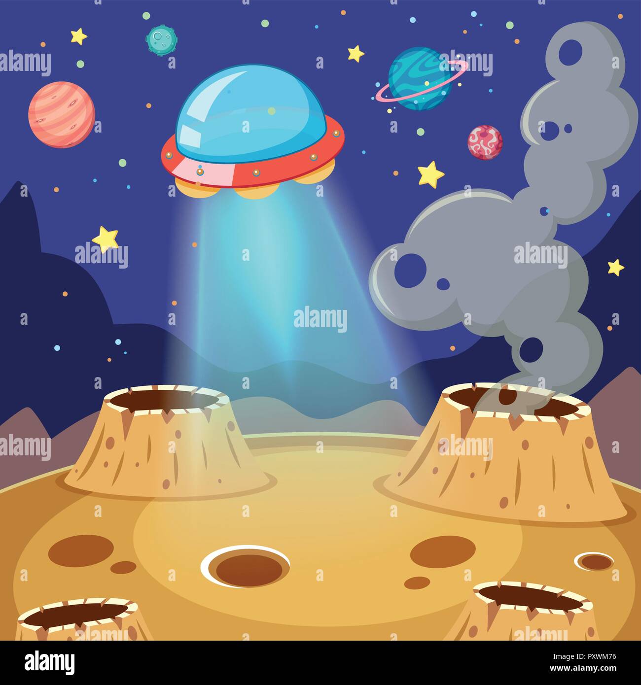 UFO Flying Over Moon in Galaxy illustration Stock Vector Image & Art ...