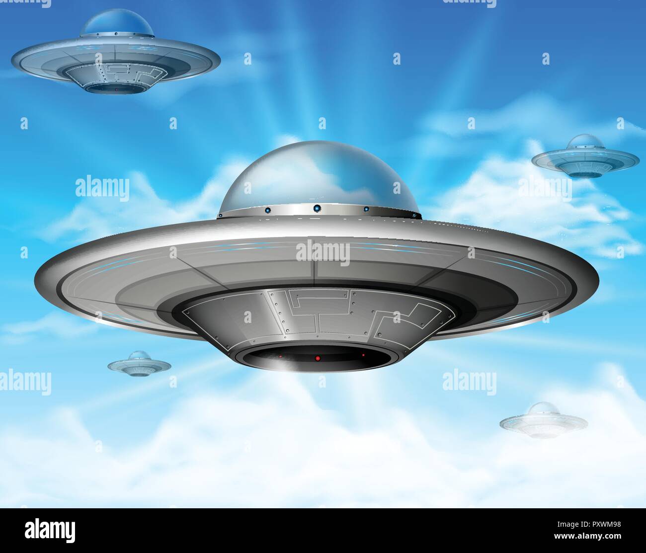 UFO flying in blue sky illustration Stock Vector Image & Art - Alamy