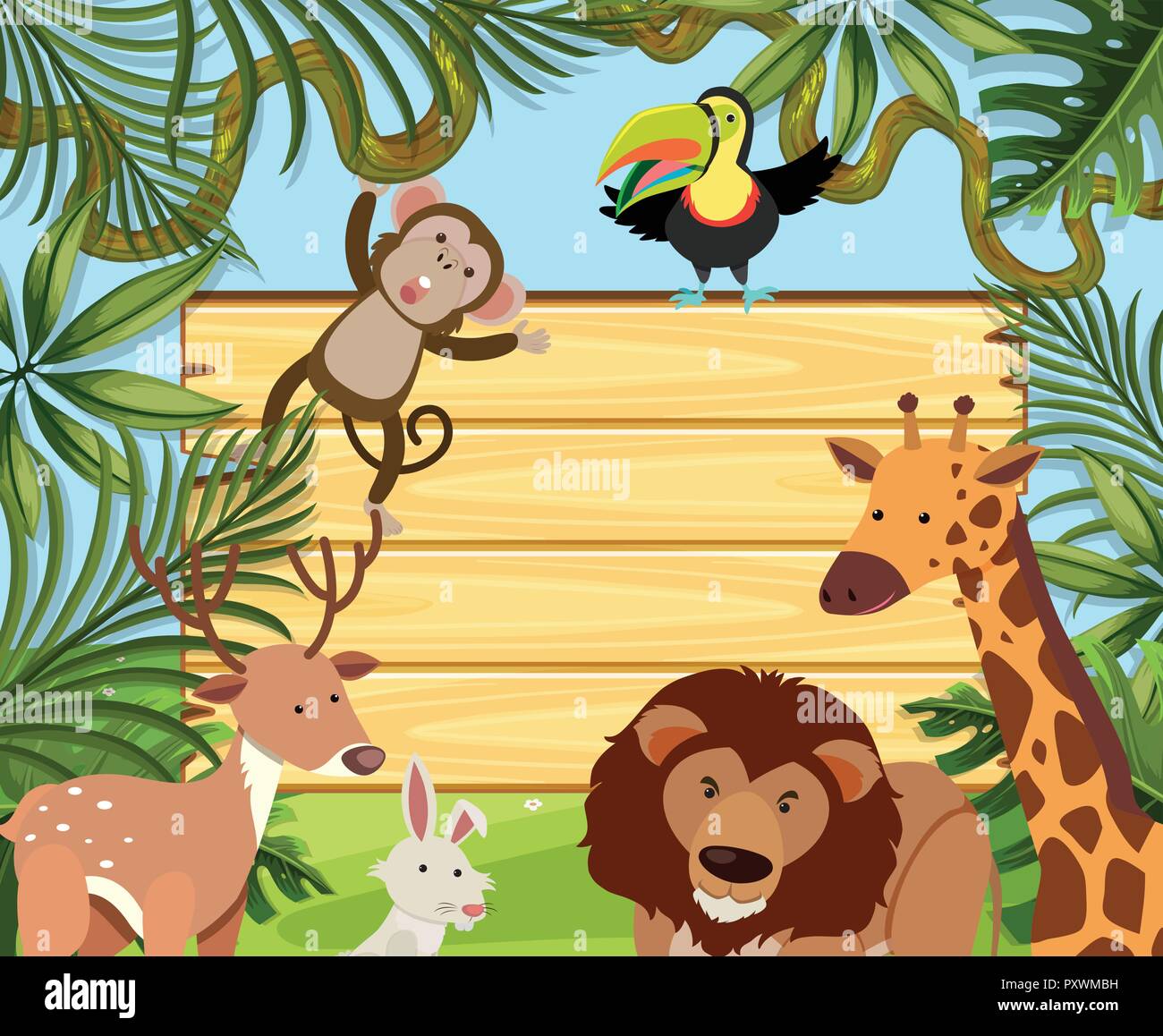 Wooden board template with wild animals illustration Stock Vector Image ...