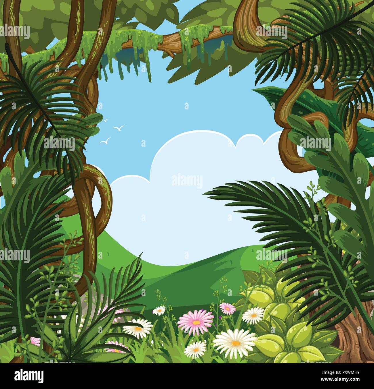 Background scene with flowers and trees in forest illustration Stock ...