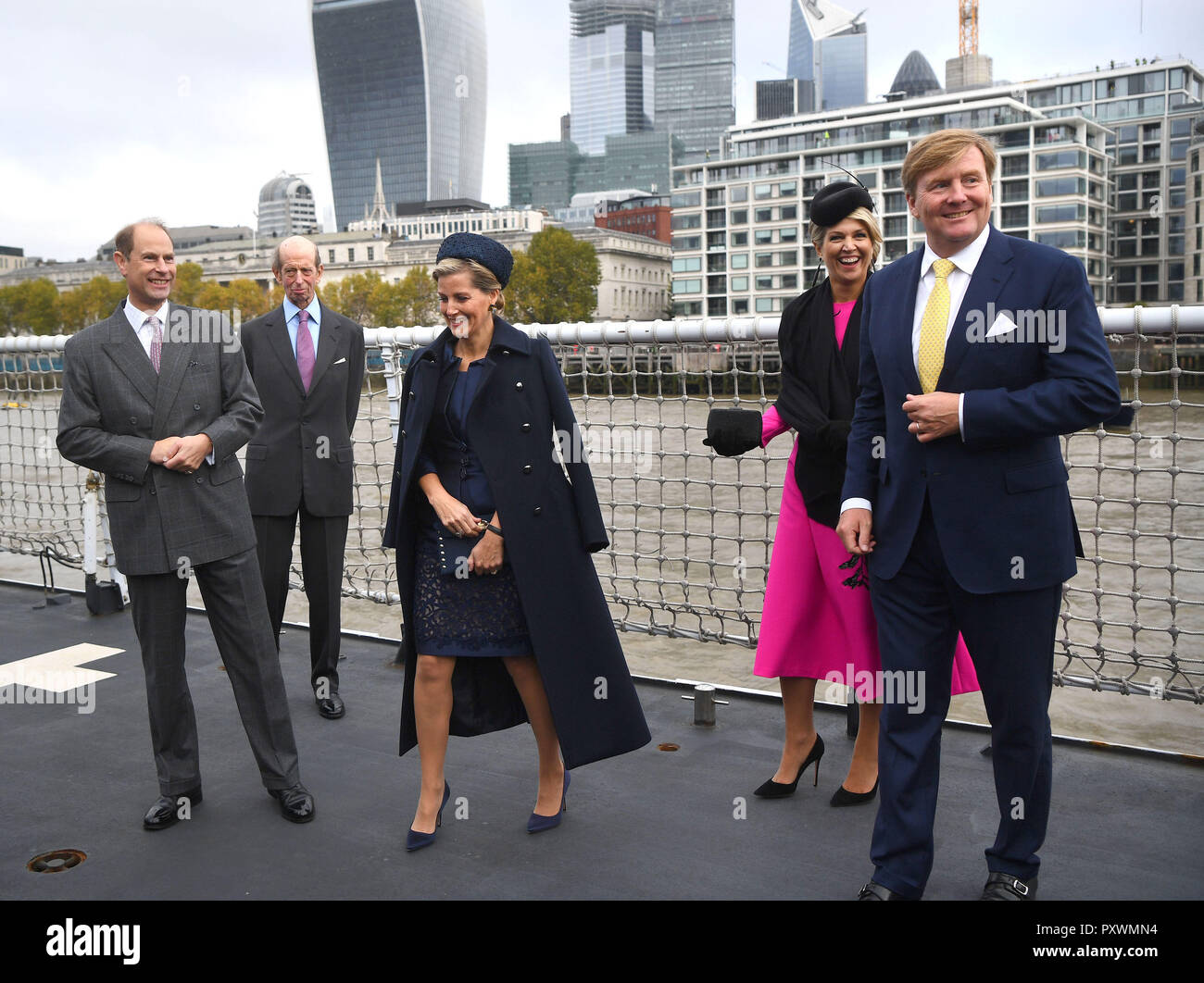 (Left to right) The Earl of Wessex, The Duke of Kent, Countess of Wessex, Queen Maxima and King Willem-Alexander of the Netherlands on HMS Belfast in London to watch an on-the-water capability demonstration between the Royal Netherlands Marine Corps and the Royal Marines. Stock Photo