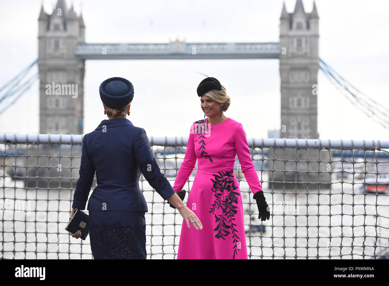 Queen Maxima of the Netherlands (right) with the Countess of Wessex on HMS Belfast in London to watch an on-the-water capability demonstration between the Royal Netherlands Marine Corps and the Royal Marines. Stock Photo