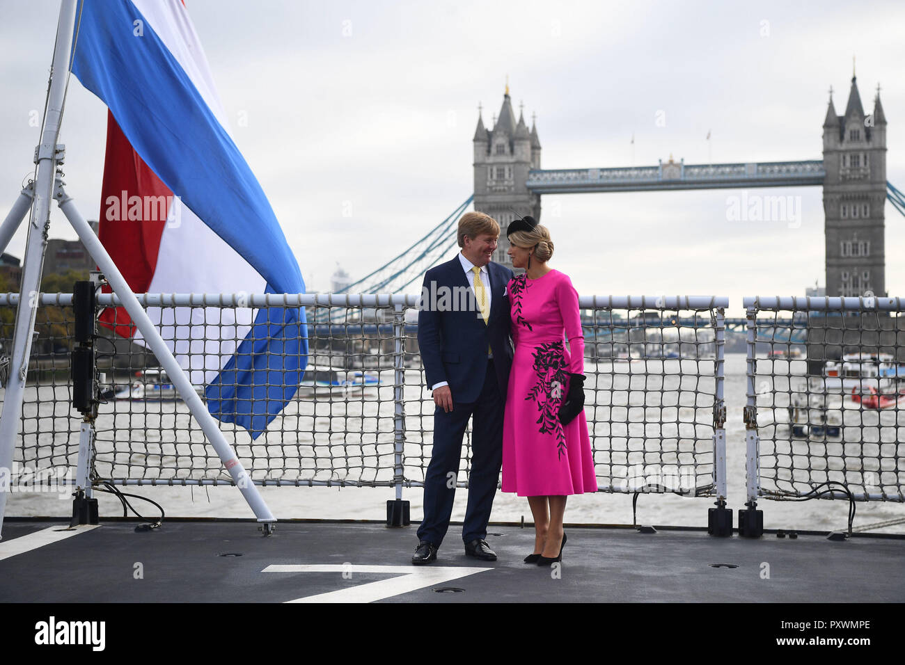 King Willem-Alexander and Queen Maxima of the Netherlands on HMS Belfast in London to watch an on-the-water capability demonstration between the Royal Netherlands Marine Corps and the Royal Marines. Stock Photo