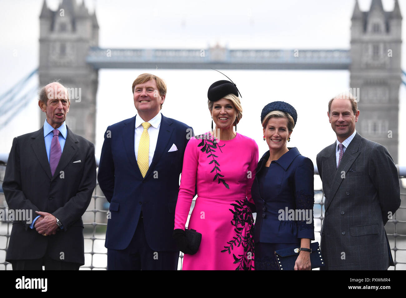 (Left to right) The Duke of Kent, King Willem-Alexander and Queen Maxima of the Netherlands with the Countess and Earl of Wessex on HMS Belfast in London to watch an on-the-water capability demonstration between the Royal Netherlands Marine Corps and the Royal Marines. Stock Photo