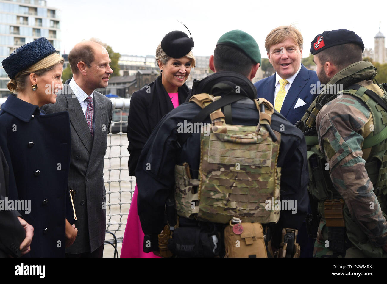 (Left to right) The Countess and Earl of Wessex, Queen Maxima and King Willem-Alexander of the Netherlands on HMS Belfast in London during an on-the-water capability demonstration between the Royal Netherlands Marine Corps and the Royal Marines. Stock Photo