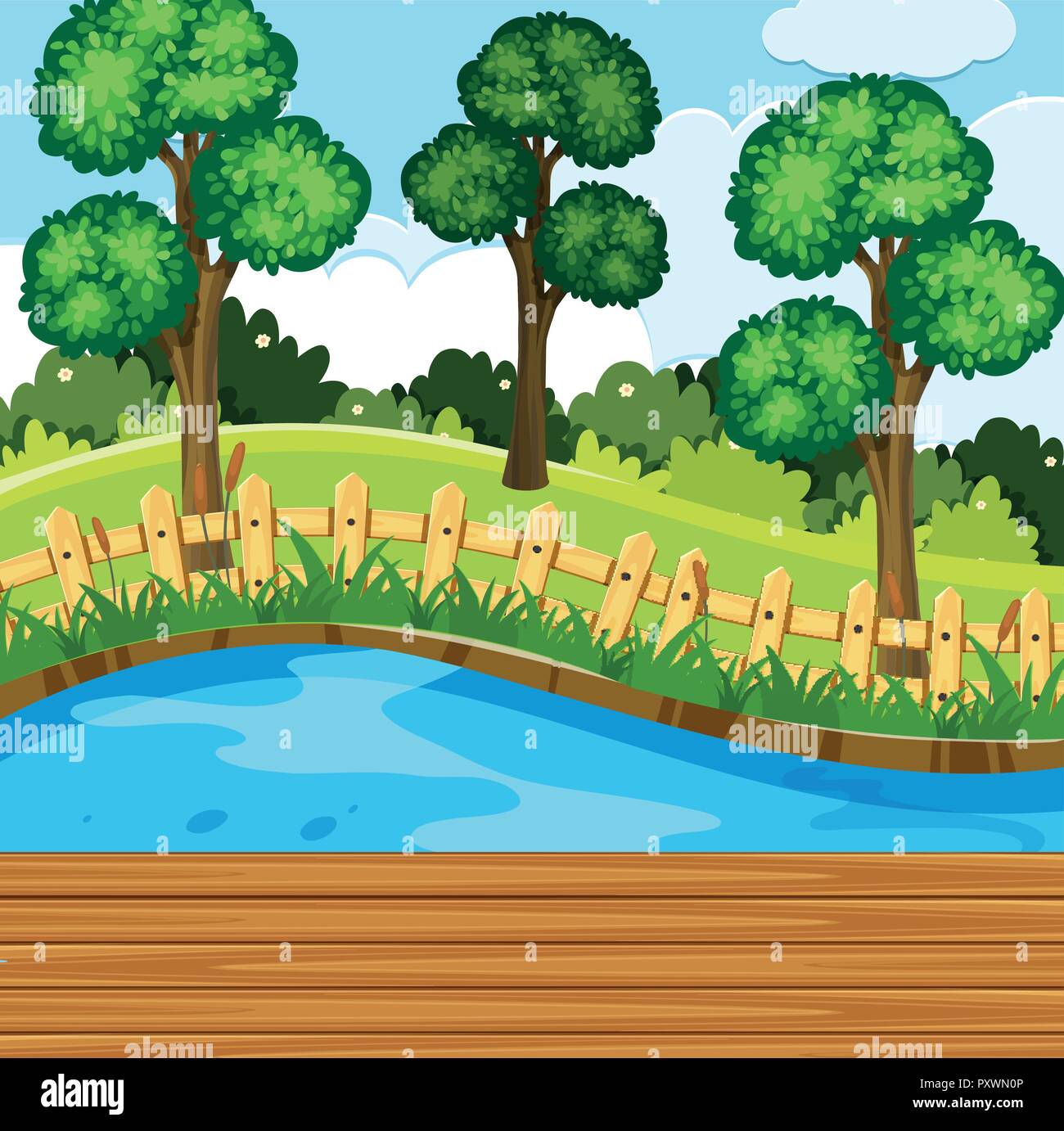 Park scene with trees and river illustration Stock Vector Image & Art ...