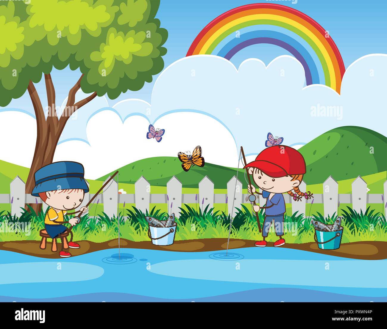 Doodle Kids Fishing in the River illustration Stock Vector Image