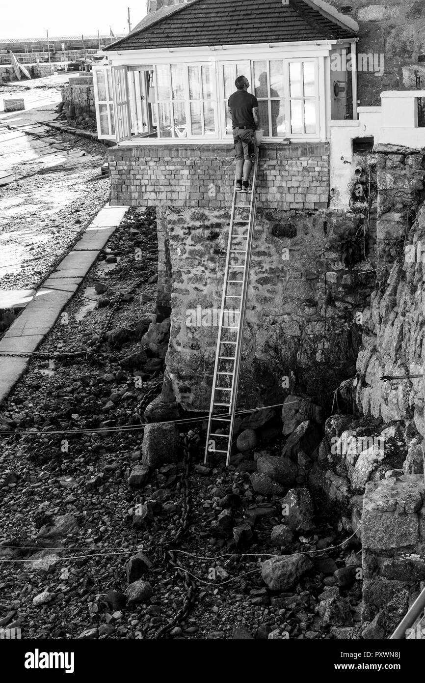 Sole window cleaner at the top of a high ladder at low tide in order to clean the external window panes of windows overhanging the harbour, Mousehole. Stock Photo