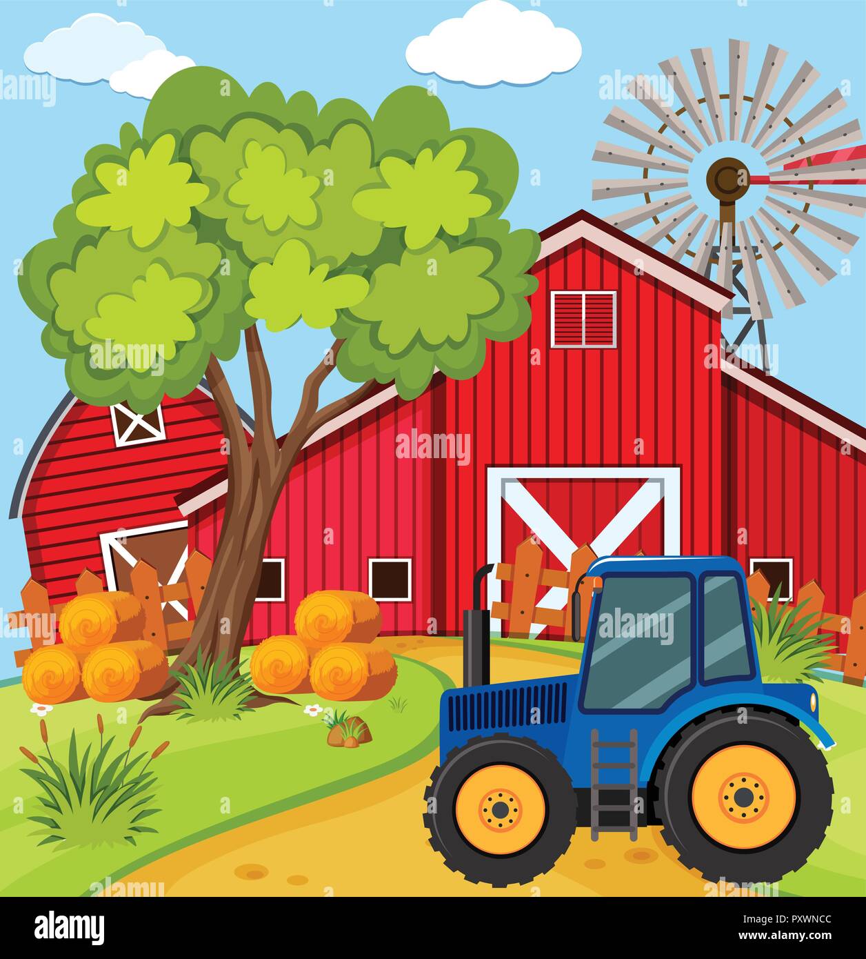 Scene with blue tractor on the farm illustration Stock Vector Image
